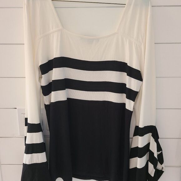 Boston Proper Black and White Striped Blouse With Bell Like Bottom Sleeves - Picture 4 of 5